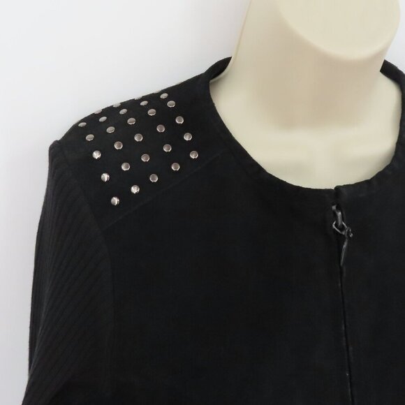 Escapade Women Large Y2K Black Suede Leather Knit Zippered Light Jacket Coat - Picture 3 of 12